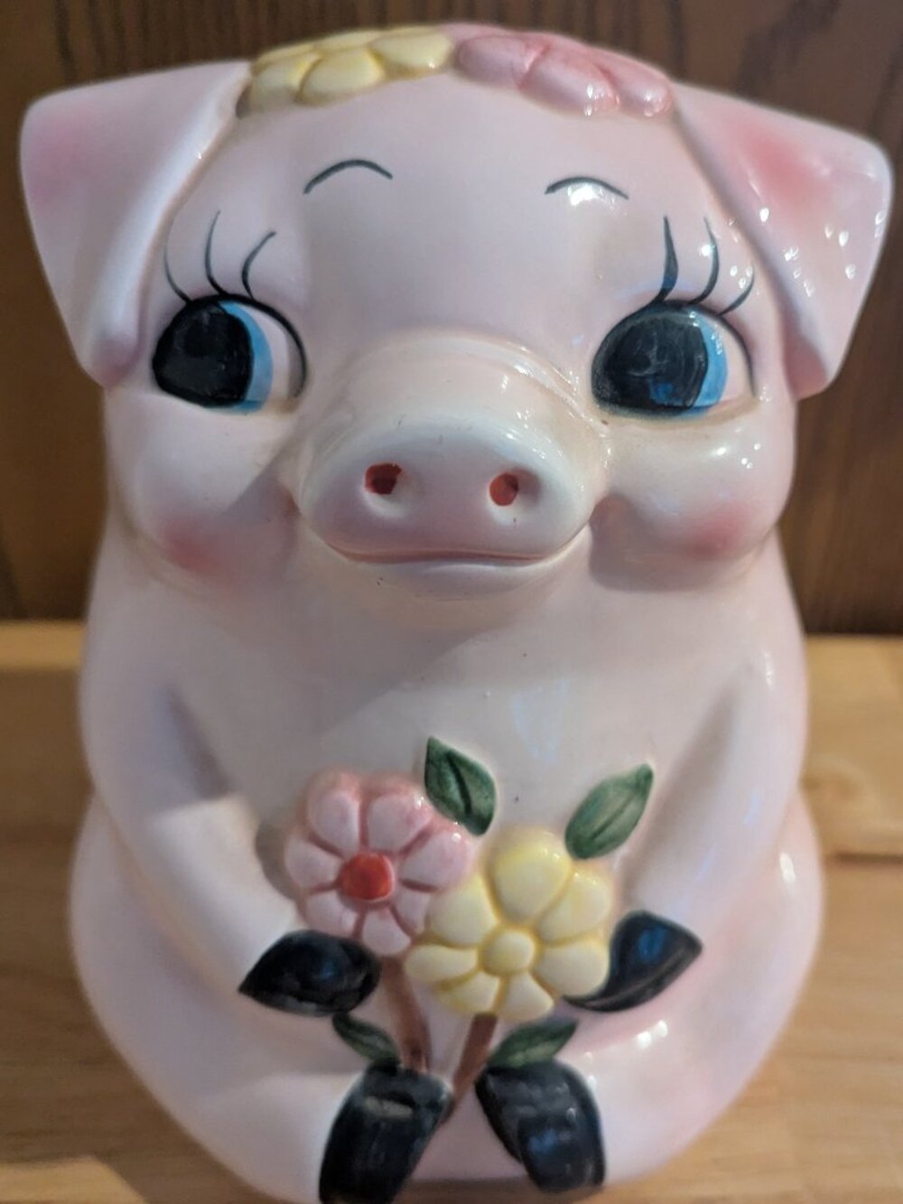 VTG Ceramic Pink Pig w/ Flowers Hand Painted Piggy Bank 7" Adorable Farm Cute